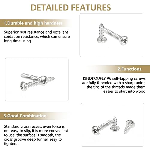 182 Pieces #6 x 3/8" 1/2" 5/8" 3/4" 1" Phillips Pan Head Self-Tapping Screws, Wood Screws Assortment Kit, 304 Stainless Steel - size: #6