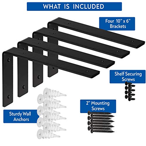 Heavy-Duty Shelf Brackets - Premium Construction Grade 1/4" (6mm) Thick Steel - Matte Black Iron Finish for Modern Farmhouse Rustic Open Shelving w/ Hardware, 4-Pack (L Bracket 10" x 6") - size: 10" x 6", style: L Bracket