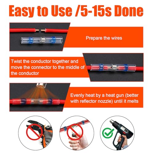 400PCS Solder Seal Wire Connectors Kit, Waterproof Solderless Heat Shrink Butt Terminal Insulated Electrical Butt Splice for Automotive Marine Boat Cars Wire Join