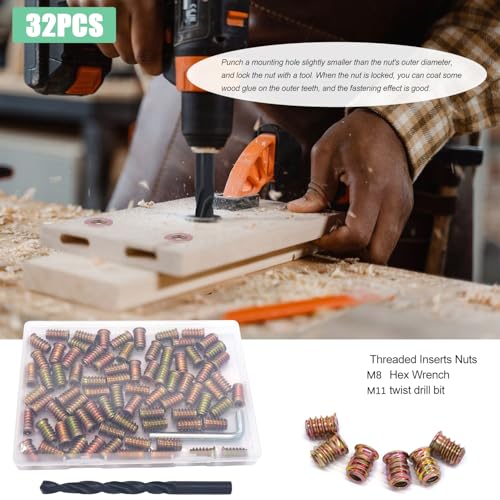 Twidec/32PCS 5/16"-18 Threaded Inserts for Wood Furniture Screw-in Nut Wood Inserts Bolt Assortment Kit with M8 Hex Wrench (5/16"-18 x20mm) - size: 5/16"-18 x 20mm (32 PCS)