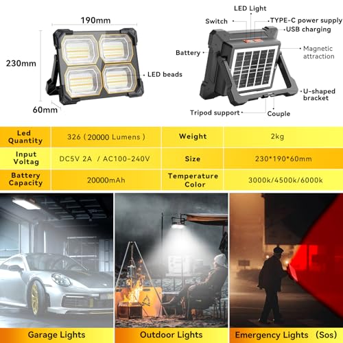 200W 20000LM Solar LED Work Light, 20000mAh Rechargeable, Magnetic IP66 - color: Deep White
