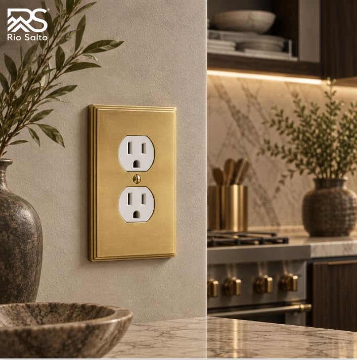 Rio Salto Duplex Outlet Cover Receptacle Wall Plate Electrical Outlet Covers BRASS Brushed Gold Metal Decorative Wall Plate — Deco Collection 4.50" X 2.75" - color: Duplex 1-Gang (2-Pack)