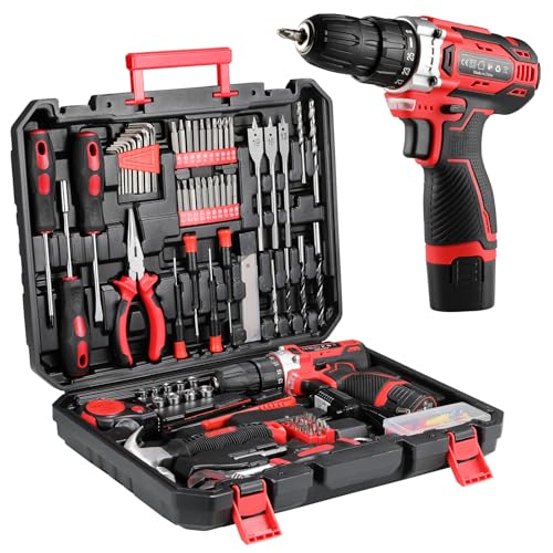 TLGREEN 138-Piece Tool Drill Set with Bits and Case, 12V, Red - color: Red