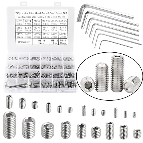 747Pcs M2/M2.5/M3/M4/M5/M6/M8 Metric Hex Socket Head Cup Point Set Screws, Allen Head Grub Screws, Internal Hex Drive Headless Set Screws Assortment Kit with 7Pcs Hex Keys, 304 Stainless Steel - color: Silver:747pcs Metric M2-M8 Cup Point Set Screw