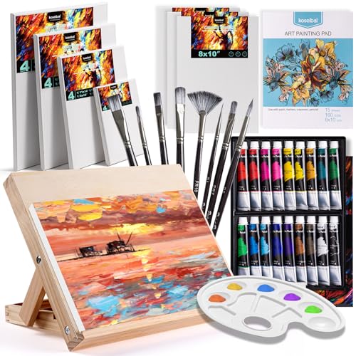 koseibal Acrylic Paint Set with Tabletop Easel and Canvas for Kids, Adults - color: 18x22ml+Easel-L