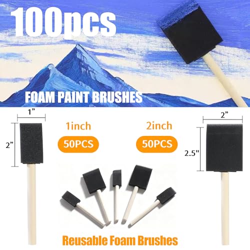 100 Pcs Foam Paint Brushes, 1”and 2”Foam Brush with Wood Handle, Black - color: Black, size: 1",2"