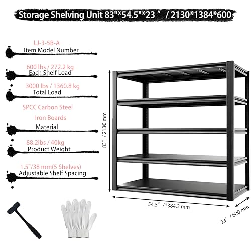 5-Tier Heavy Duty Garage Shelving, 3,000 lbs Capacity Adjustable Metal Storage Shelving Unit for Garage, Basement, Warehouse and Workshop, 54.5" W x 23" D x 83" H - size: 5T 55"W x 23"D x 83"H