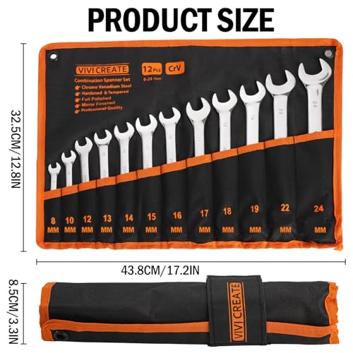 vivicreate 12-Piece Wrench Set, Metric Wrench Set 8mm-24mm, Combination Wrench Sets with Oxford Cloth Storage Bag for Home, Garage, Automotive Repair and Emergency Use - Made in India