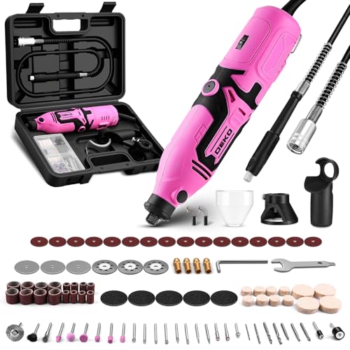 Rotary Tool Kit:DEKOPRO 1.4-Amp Power Hand Rotary Tools with 6 Variable Speed, 127pcs Accessories, 8000~35000RPM Electric Grinder Drill Machine Set with Flex Shaft for Carving, Cutting, Sanding Pink - color: Pink