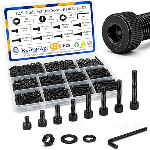 950PCS M3 Screws Assortment Kit, M3x6/8/10/12/16/20/25/30mm Hex Socket Head Cap Bolts Nuts Washers Set, 12.9 Alloy Steel Black Oxide M3 Metric Screw for 3D Printer, Electronic - size: M3 950pcs