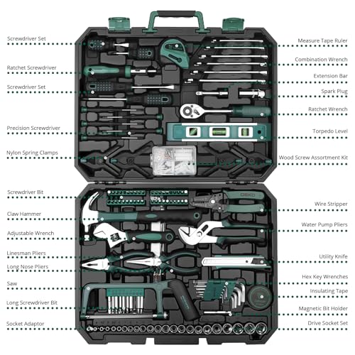DEKOPRO Tool Set: 228 Piece Home Tool Kit, Household Basic Repair Tool Set Comes with Storage ToolBox, Socket Wrench Set for Car, Hand Tool Box Set for Home - Green - color: Green