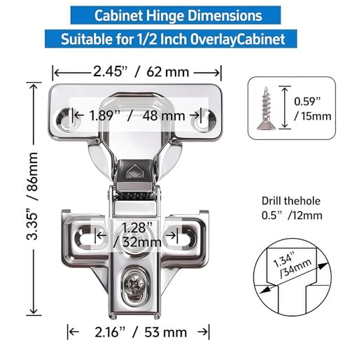 Cabinet Hinges - 24 Pack for 1/2 Inch Overlay Cabinet, Face Frame Concealed 105Deg Self Closing Hinges, Stainless Soft Close Cabinet Door Hinges with Mounting Screws and Repair Plate