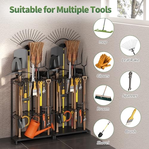 Garden Tool Organizer for Corner - Heavy Duty Metal Rack with 34 Storage Compartments & 14 Hooks for Shovels, Rakes, Long-Handled Tools, Ideal for Garden, Shed, Garage Storage - style: Corner Rack