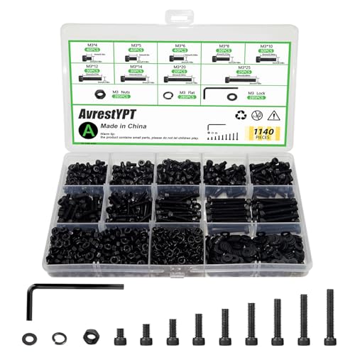 1140PCS M3 Screws Assortment Kit, M3x5/6/8/10/12/14/20/25 mm Hex Socket Head Bolts, Nuts & Washers Assorted Set - 12.9 Alloy Steel Black Zinc Plated M3 Screw for 3D Printer,DIY - size: M3 x 5/6/8/10/12/14/20/25-1140Pcs