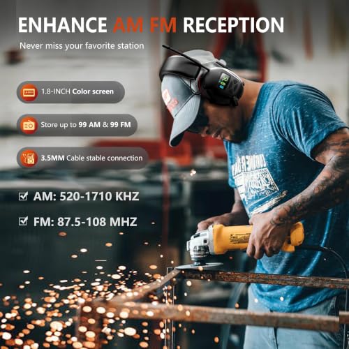 AM FM Radio Headphones with Digital Display, 45H Working Time Rechargeable Hearing Protection Earmuffs, 30dB SNR Noise Reduction Safety Ear Muffs for Mowing, Construction, Woodworking, Shooting