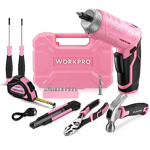 WORKPRO Pink Tool Set with 3.7V Rotatable Electric Screwdriver, 18PCS Portable Ladies Home Tool Kit with Toolbox, Cordless Electric Screwdriver Kit, Household tool kit for Dorm, Apartment -Pink Ribbon