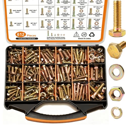 612pcs Heavy Duty SAE Grade 8 Bolts and Nuts Kit, 1/4-20,5/16-18,3/8-16,1/2-13 Bolt Assortment Kit Including Nuts Washers, Yellow Zinc Plated - size: 612 PCS 1/4-20, 5/16-18, 3/8-16, 1/2-13