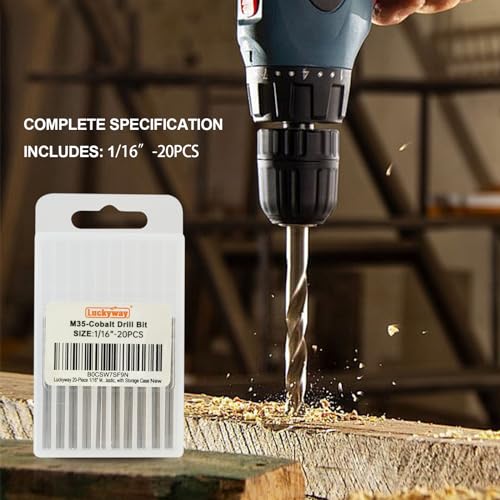 Luckyway 1/16" Cobalt Drill Bit (20 Pcs), Jobber Length Twist Drill Bit Set for Hard Metal, Stainless Steel, Cast Iron, Wood and Plastic, with Storage Case - style: 1/16" (20Pcs) Cobalt Drill Bits