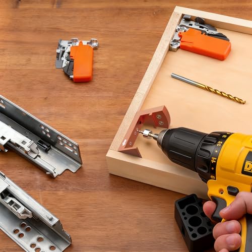 Undermount Drawer Drilling Guide - Durable Aluminum Drill Angle Guide w/Steel Inserts - Drill Guide Jig for Blum Tandem & Drawer Slide – Ideal Woodworking Tools Includes Drill Bits, Collars & More