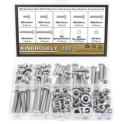 102 Pieces M6 x 10/12 /16/20 /25/30 /35mm Phillips Pan Head Machine Screws Nuts Washers Assortment Kit, 304 Stainless Steel, Fully Machine Thread - size: M6, style: Phillips Pan Head