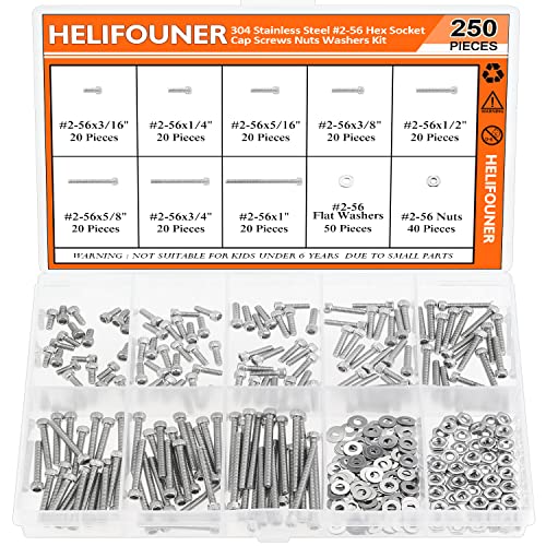 HELIFOUNER 250 Pieces #2-56 x 3/16" 1/4" 5/16" 3/8" 1/2" 5/8" 3/4" 1", Hex Socket Head Cap Screws Bolts Washers Nuts Kit, Coarse Thread, Fully Machine Threaded, 304 Stainless Steel - size: #2-56, style: Socket Head