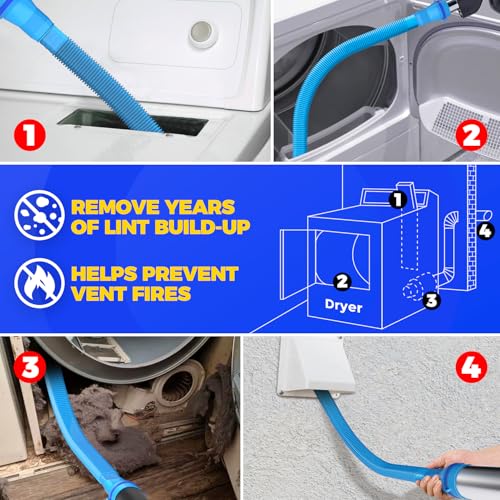 Holikme Dryer Vent Cleaner Kit, Vacuum Hose Attachment, 2-Piece, Blue | Adjustable Cable Tie for Easy Attachment, Flexible Lint Brush Removes Lint from Dryer Lint Screens and Tight Spaces - color: Blue