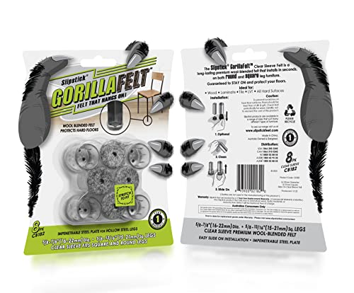 Slipstick GorillaFelt Chair Leg Floor Protectors for Hardwood Floors, Clear Sleeve Felt Pads for Furniture That Stay On, Fits Round & Square Legs, Includes 8 Premium Transparent Chair Socks, CB182 - size: 5/8 Inch - 7/8 Inch Sleeve 8 Pack