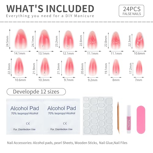 Mivota Pink Ombre Soft Gel Press On Nails 24PCS – 3D Bow Almond Fake Nails with Rhinestones, Glossy Reusable Glue On Nails for Women, Salon Quality Cute Natural Gradient Nail Tips - color: 3D-61-Red Gradient Bow