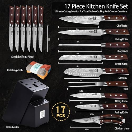17-Pack kitchen knife set, wooden blocks,sharp high carbon stainless steel blades,hardwood handles,Sharpener,chicken bone clipper,microfiber towels,gift packaging,for families, restaurants, chefs. - color: Black