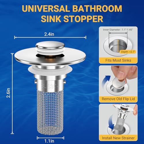 Bathroom Sink Drain Strainer, Pop-Up Bathroom Sink Stopper with Removable Stainless Steel Hair Catcher Basket, Universal Fit for US Bathroom Sinks, Showers & Floor Drains (3pcs) - color: 3pcs