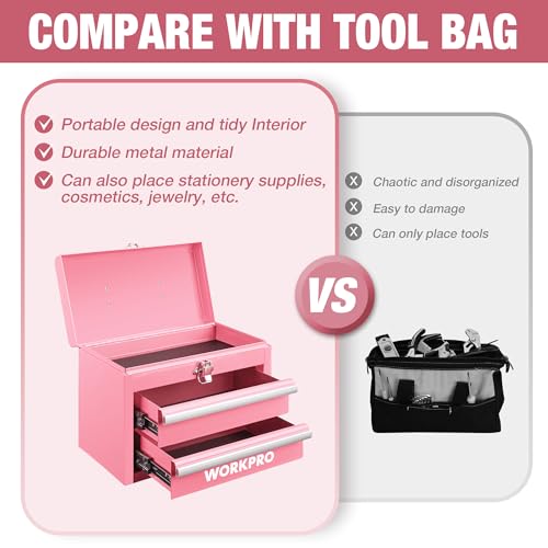 WORKPRO Portable Mini Metal Tool Box with 2 Drawers - color: Pink