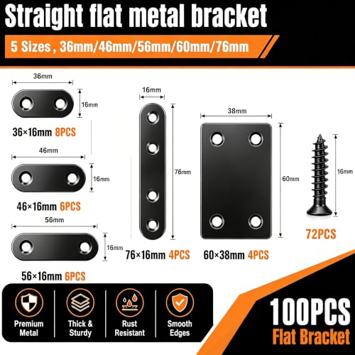 100PCS Flat Plate Straight Bracket,36mm/46mm/56mm/60mm/76mm Flat Brace Bracket, 5 Sizes Stainless Steel Metal Brace Bracket for Wood - color: Silver-88PCS