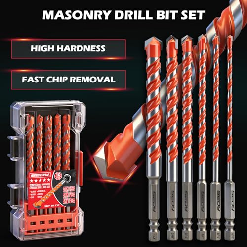 10-Piece Masonry Drill Bit Set, 6-Inch Carbide Tipped Concrete Drill Bits with Hex Shank for Brick, Cement, Tile, Wood and Light Metal, Fast Drilling and Chip Removal