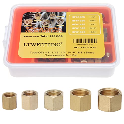 LTWFITTING Assortment Kit Tube OD 1/8" 3/16" 1/4" 5/16" 3/8" Brass Compression Nut Set (Pack of 125)