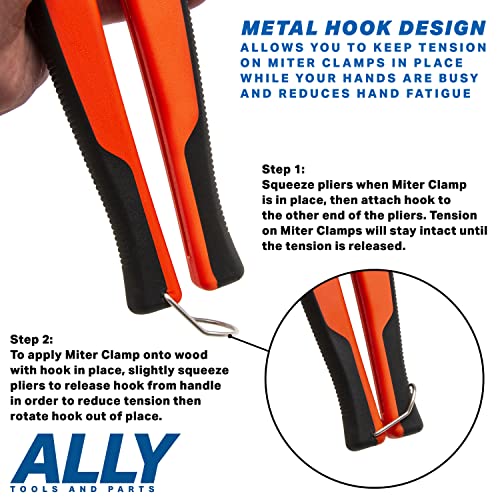 ALLY Tools Miter Spring Clamp Pliers with 16 Miter Spring Clamps - Spring Loaded Handle Design – Long 8 inch Handle for Big Hands for use with Wood Trims, Moldings, Picture Frames, and Woodworking.