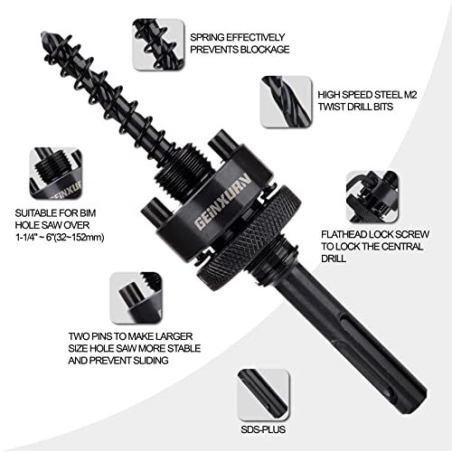 GEINXURN SDS-Plus Hole Saw Mandrel, Include 2Pcs Hole Saw Arbors with 3Pcs 1/4 Inch HSS(M2) Central Drill/2PCS Hex wrench/2Pcs Spring - size: GHSM007SDS