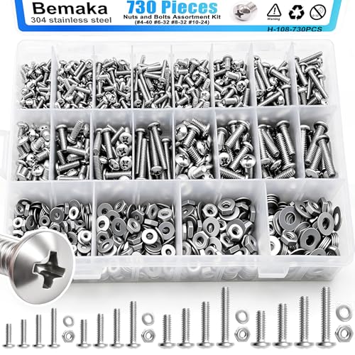 730Pcs Machine Screws Nuts and Bolts Assortment Kit, 304 Stainless Steel Bolts 16 Sizes #4-40#6-32#8-32#10-24 Phillips Pan Head Hardware Screws Assortment Kit with Nuts and Washers - size: 730PCS