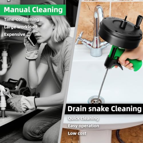 50 Ft Drain Snake, Fast Unclog Snake, 1/4 Inch, Green