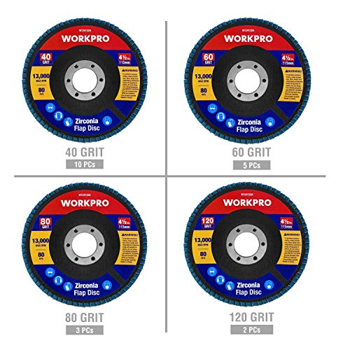 WORKPRO 20-Pack Zirconia Flap Discs, 4-1/2" x 7/8", T29 - style: Multi Grit