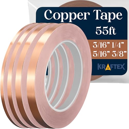 Kraftex Copper Tape 3/16 1/4 5/16 and 3/8 inch x 55ft 4pk. Copper Foil Tape for Stained Glass Soldering with Conductive Adhesive. Great Shielding for Guitars, EMI Shielding, Jewlery Making and Crafts - size: 3/16, 1/4, 5/16 and 3/8 inch x 55ft 4pk
