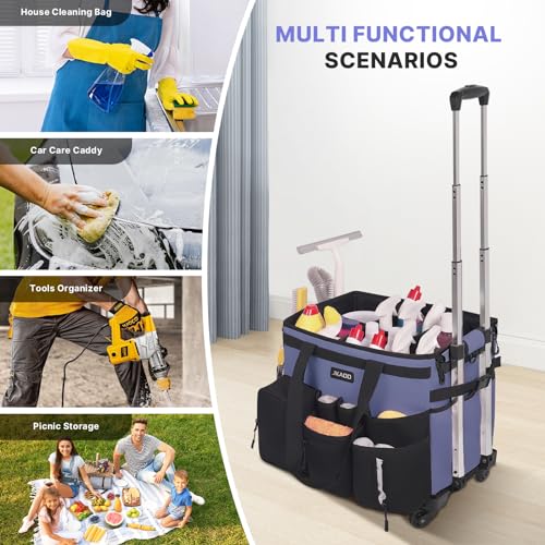 JKAOO Large Rolling Cleaning Caddy Bag with Detachable Trolley, Denim Blue - color: Denim Blue