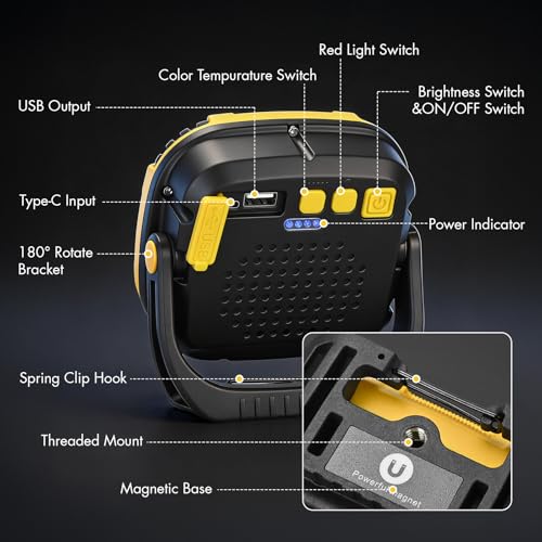 2 Pack Rechargeable Work Light, 4000LM Magnetic LED Work Light | 6000mAh Magnetic Light, IP65 Waterproof, Emergency Flashlight, 30H Runtime, Portable Light for Mechanics, Car Repair(Yellow) - size: 2 Pack