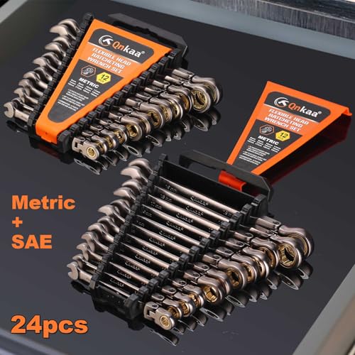 Qnkaa Flexible Ratcheting Wrench Set 24pcs Metric 8-19mm & SAE 1/4” to 7/8“ - style: Metric+SAE 24pcs
