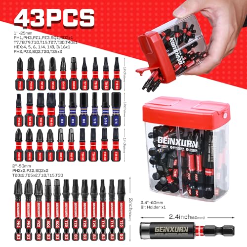 Geinxurn 43Pieces Impact Screwdriver Bits Set with Colorful Boxes, Magnetic (Phillips/Pozi/Square/Torx/Hex) S2 Steel Multi Driver Bits - color: Multi-bit, size: 1"2"-43PCS