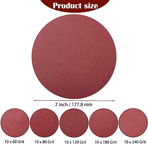 Tonmp 50 PCS 7 Inch Sanding Discs Set - 60 80 120 180 240 Grits Sandpaper, 7" Hook-and-Loop Aluminum Oxide Abrasive Sander Paper for Random Orbit Floor Drywall Sander