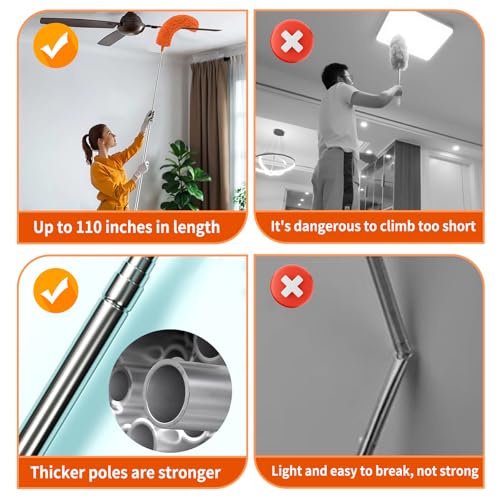Cobweb Duster with Extension Pole,Cleaner Outdoor 110" Telescoping Extended Sspider Brush, Dusting Kit,Long Handle Reach for High Ceilings and Fans,Microfiber Webster Remover Tools Feather Dusters - color: Orange