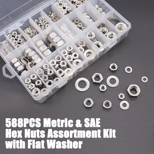 Dianrui 588PCS Metric & SAE Hex Nuts and Washers Assortment Kit, Assorted Nuts Washers 304 Stainless Steel (2#56 4#40 6#32 8#32 10#24 10#32 12#24 1/4-20 5/16-18 3/8-16 7/16-14 1/2-13 M2-M12) 21 Sizes - size: 588PCS Metric&SAE Kit
