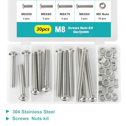 30PCS M8 x 50mm 60mm 70mm 80mm, Button Head Socket Cap Screws Bolts Nuts Kit, Stainless Steel 304, Metric Allen Hex Drive, Fully Threaded - size: Button M8x50/60/70/80mm
