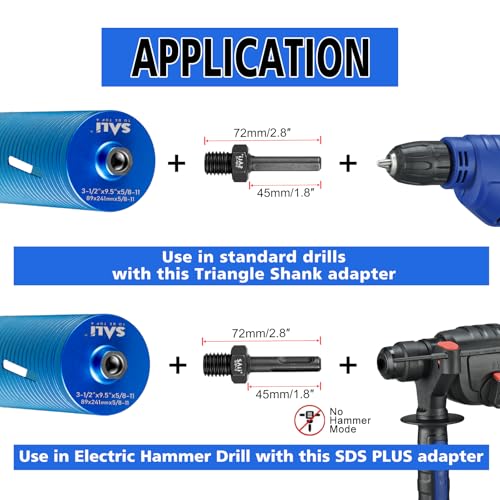 SALI Diamond Core Drill Bits 1 1/8" Diameter 10"/254mm Drilling Depth 5/8-11" Thread Core Bit Turbo Laser-Welded Segments for Cured Concrete with, Brick, Block, Masonry, with Two Adapters - size: 1 1/8 inch