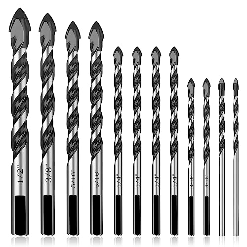 12 Pcs Masonry Drill Bits Set (1/8"-1/2"), Concrete Drill Bit